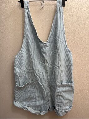 We The Free Light Blue and White Striped Denim  roller Short Overalls